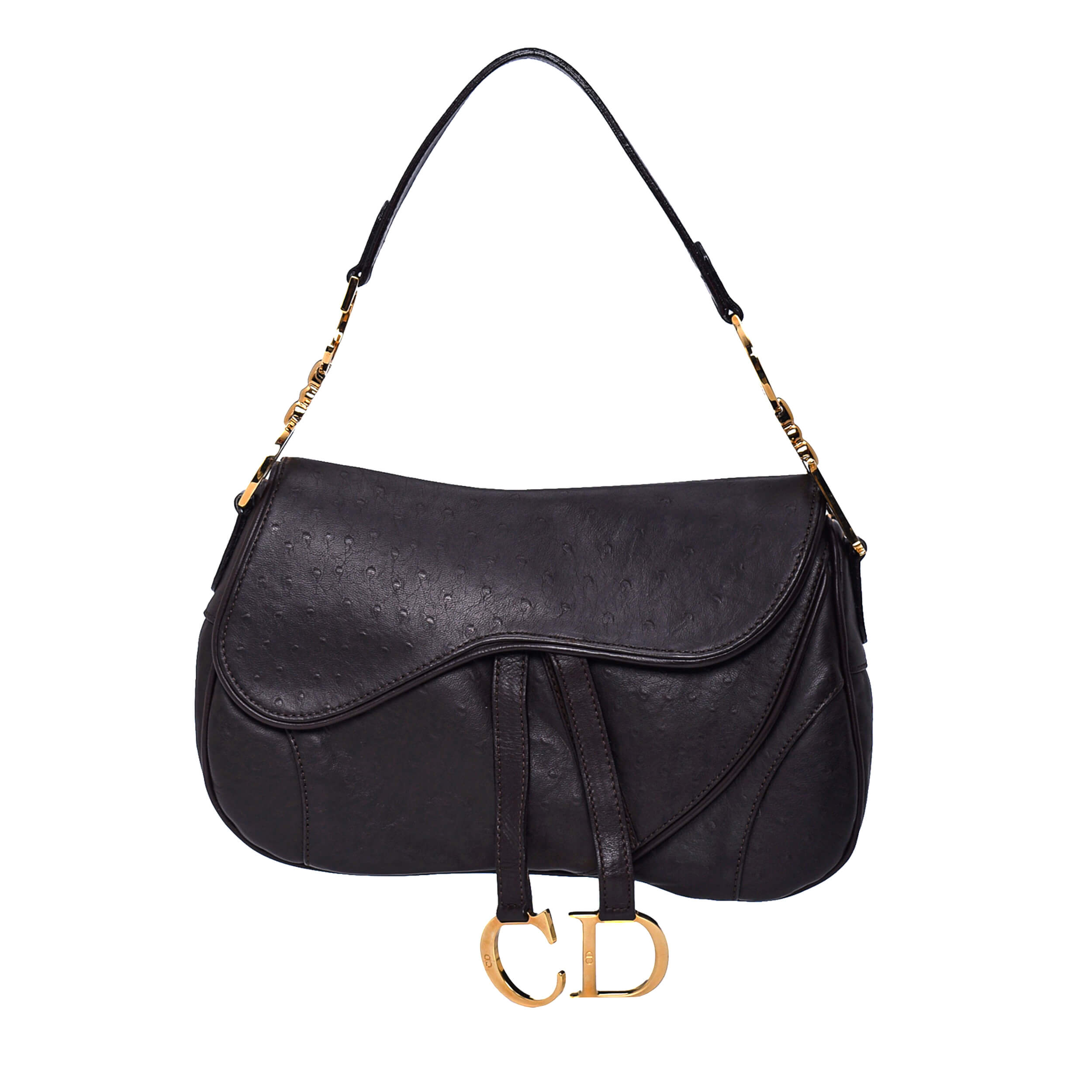 Christian Dior - Dark Brown Ostrich Leather Saddle Bag
